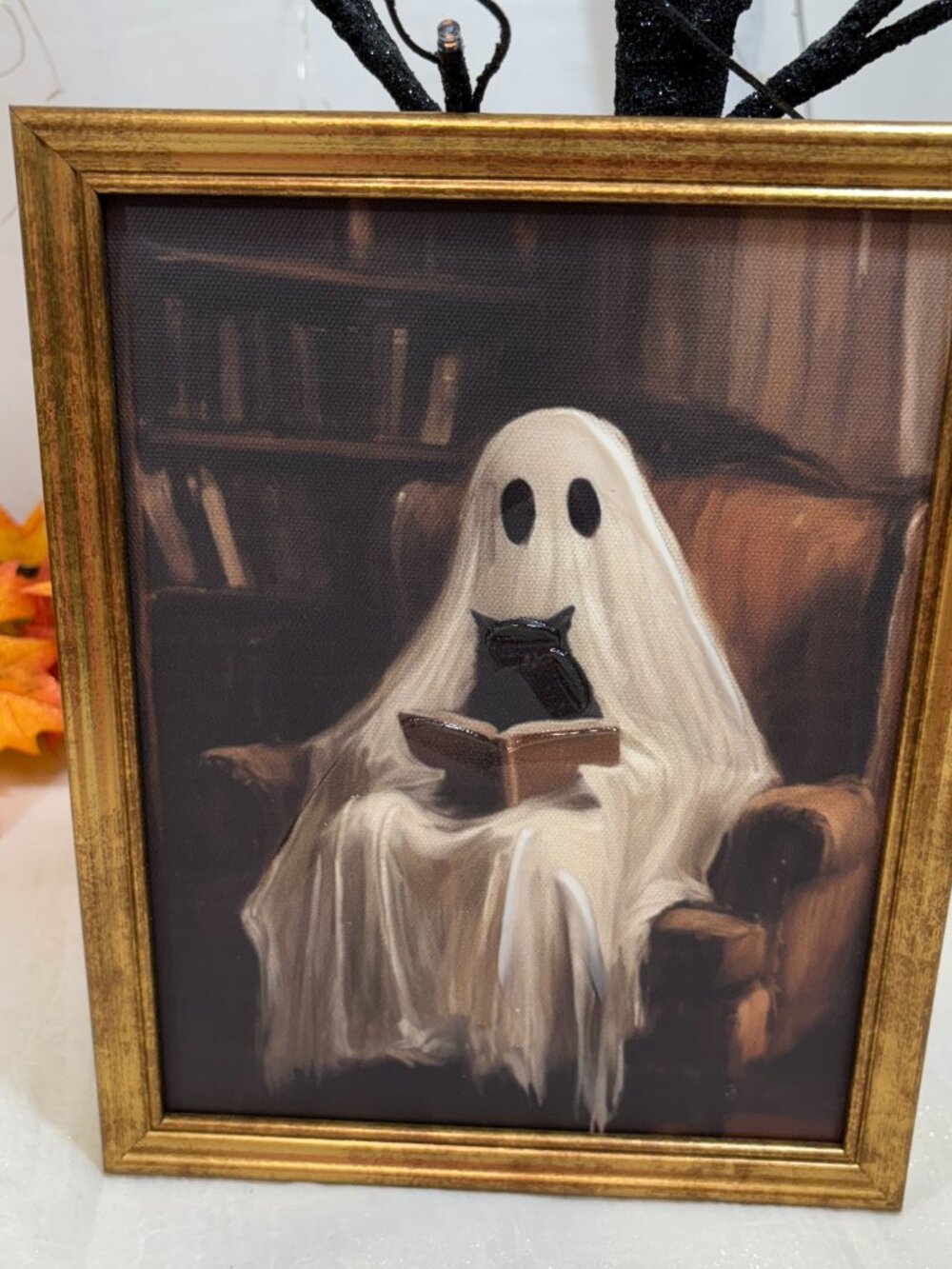 Halloween Gold Framed Canvas Black Cat And Ghost Wall Art 8" x10" New RARE CUTE - Picture 3 of 3